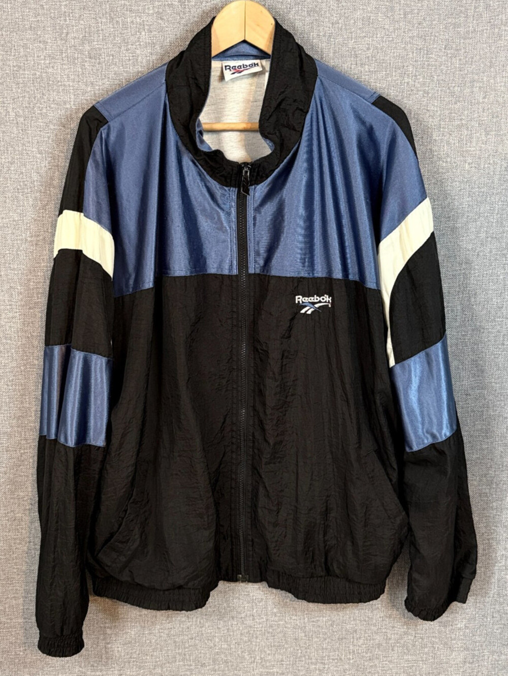 Vintage 90s Reebok Windbreaker Jacket Mens XL Blue Black Colorblock Nylon